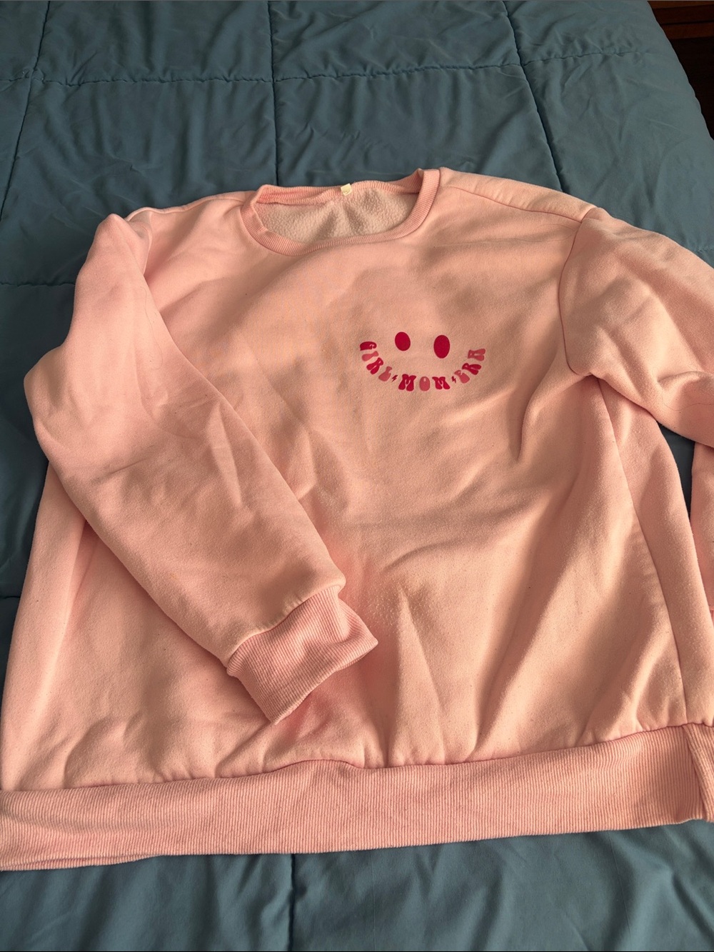 Women's Pink Girl Mom Era Crewneck Sweatshirt with Smiley Graphic